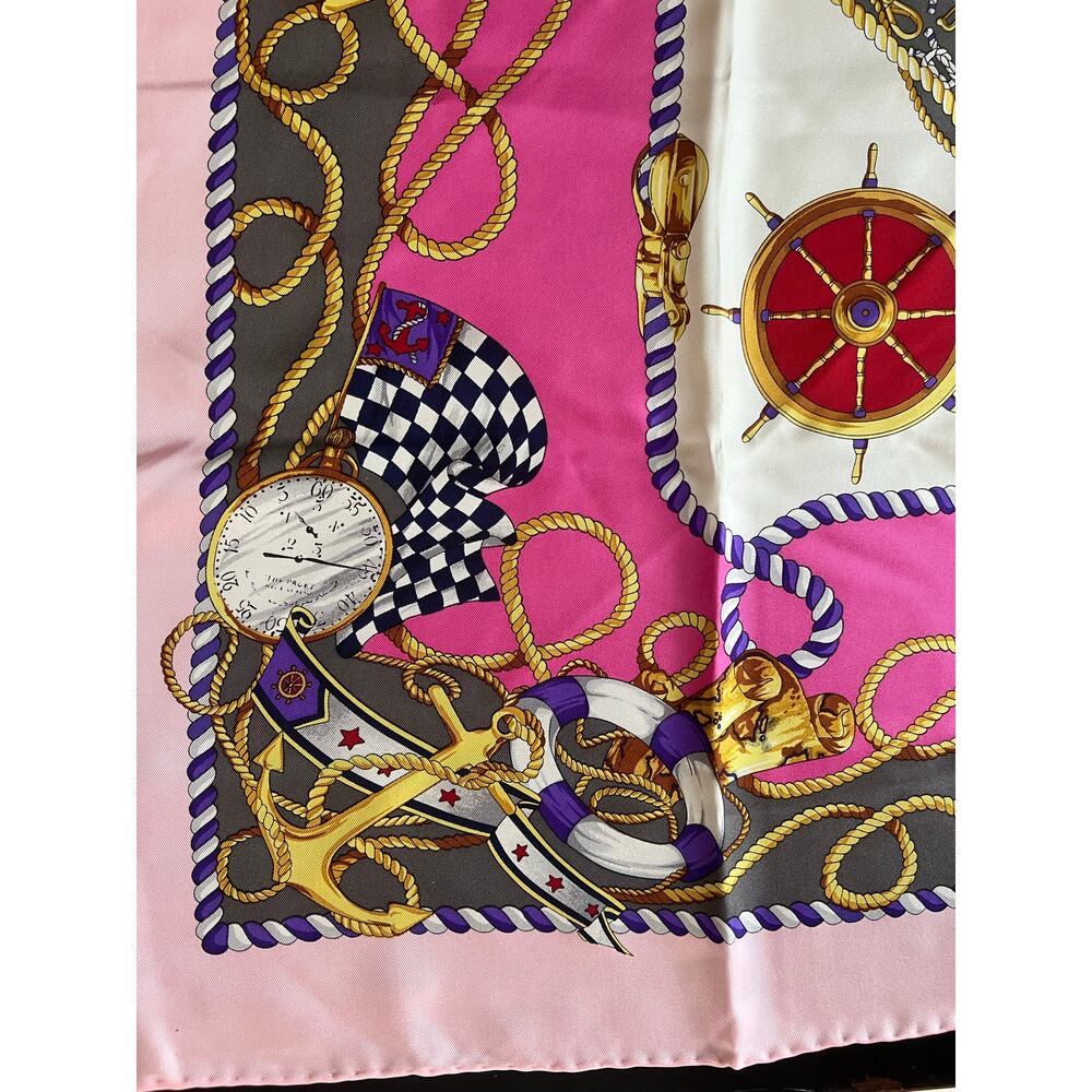 LANCEL Nautical Square Silk Scarf Pink Rope Anchor Clock 34.3in - Picture 3 of 5